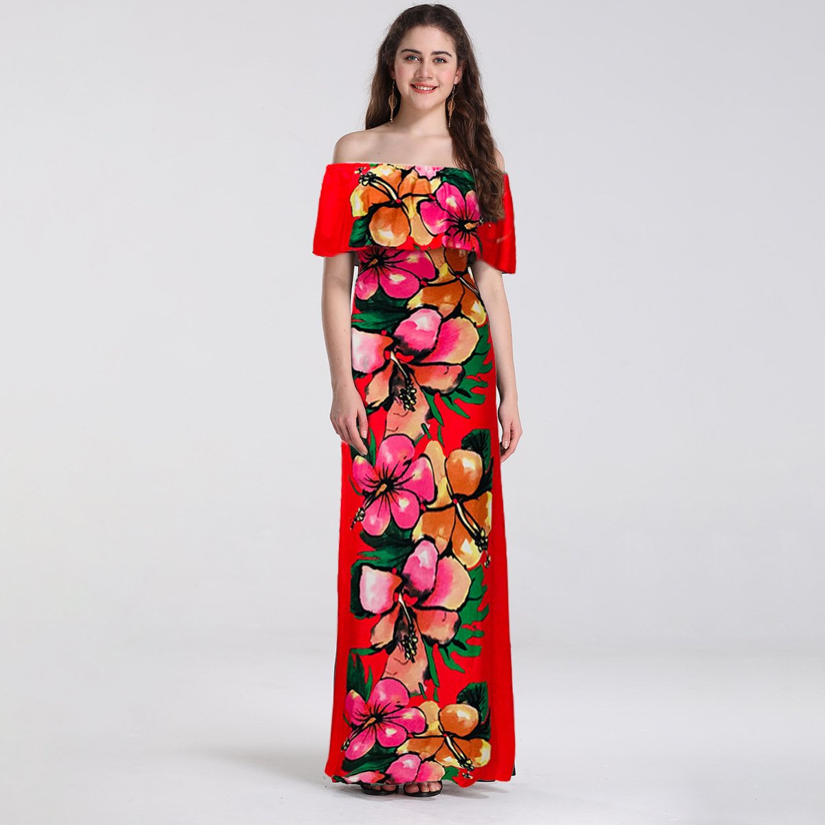 Explosions A Word Collar Wrapped Chest Women's Shoulder-length Printed Dress