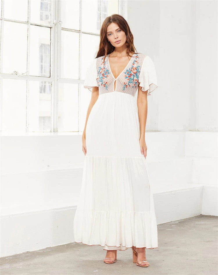 Cotton Embroidery Sexy Deep V Holiday Long Dress Bikini Cover Up Beach Sun Protection Shirt One Piece Long Dress