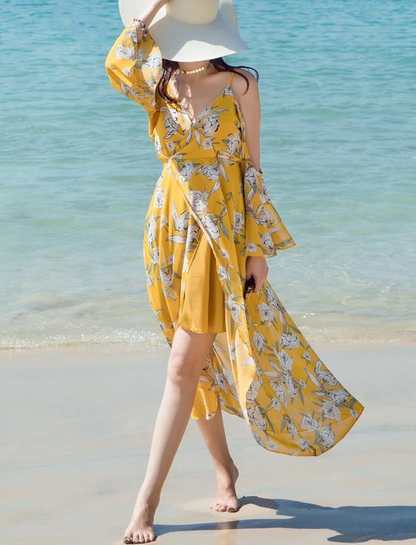 V-NECK LONG-SLEEVE SPAGHETTI STRAPS FLORAL LONG DRESS