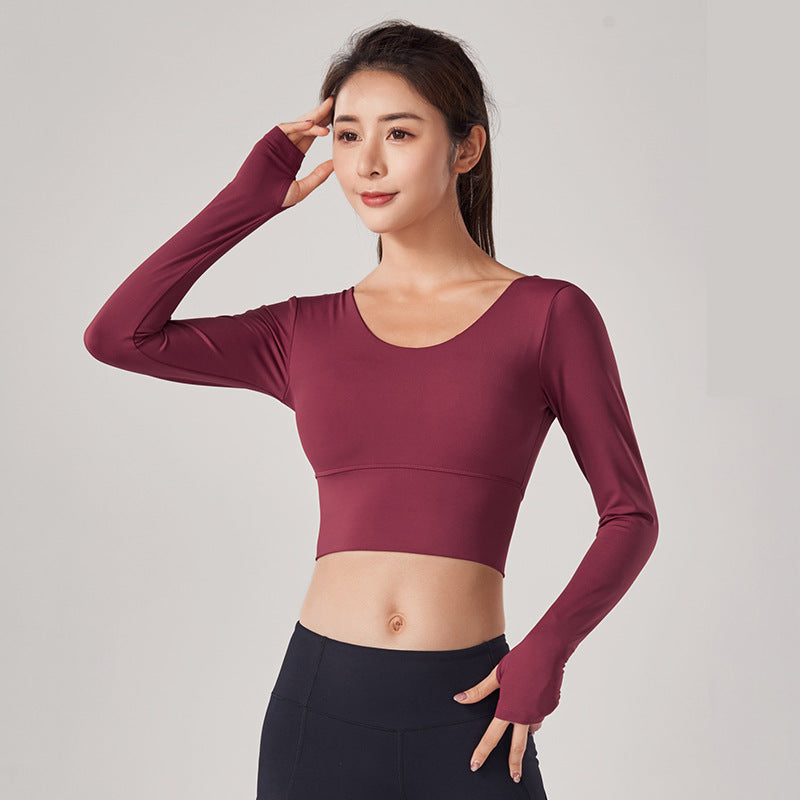 Autumn and winter slim back fitness suit women's tight sports top with bra nude yoga suit long sleeve