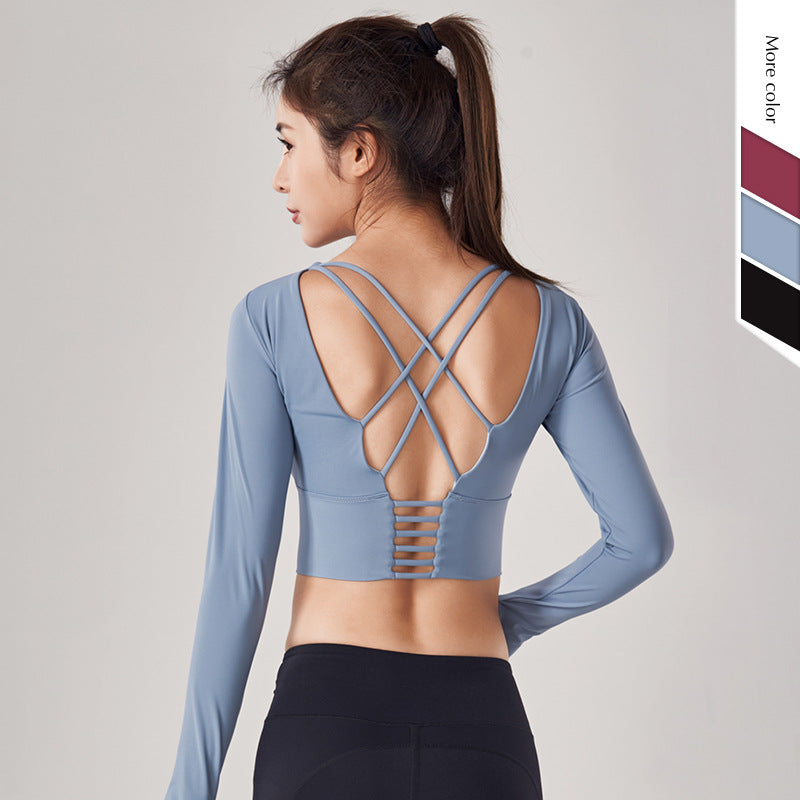 Autumn and winter slim back fitness suit women's tight sports top with bra nude yoga suit long sleeve