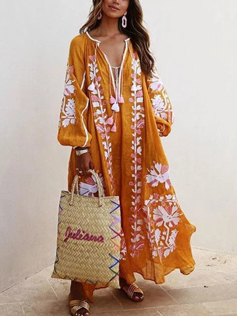 New Printed Loose Large Size V-neck Midi Dress