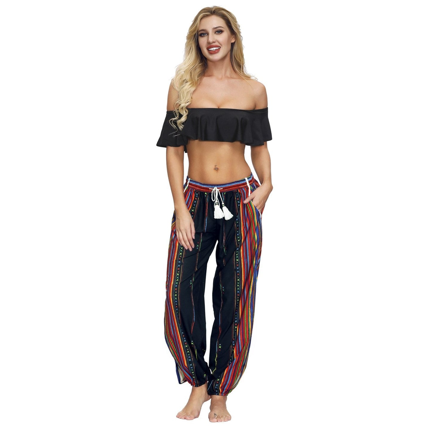 Floral Digital Printing Women's Drawstring Side Fork Casual Trousers Loose Waist Foot Light Cage Pants 23