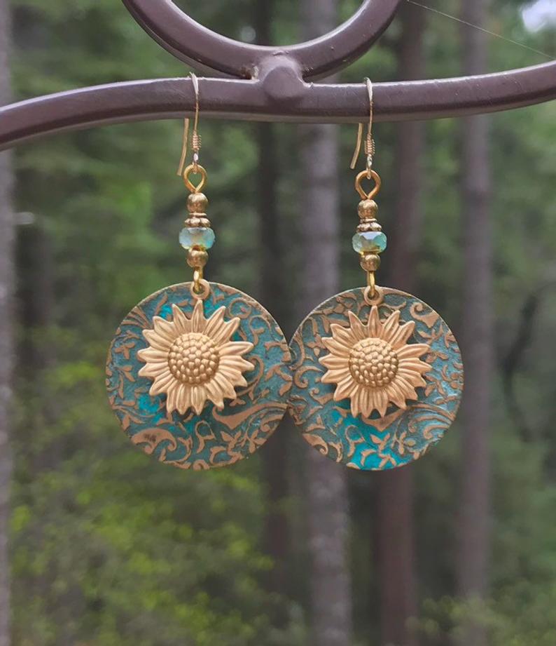 Retro Bohemian Separation Double Sunflower Pattern Earrings Retro Fashion Earrings