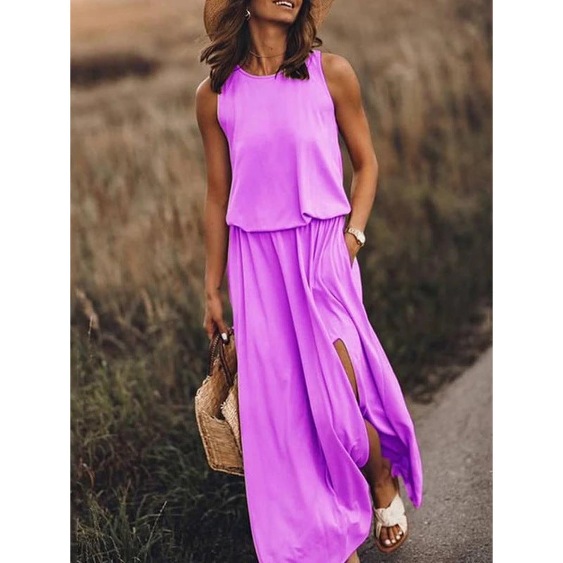 Round neck sleeveless dress split solid color dress women