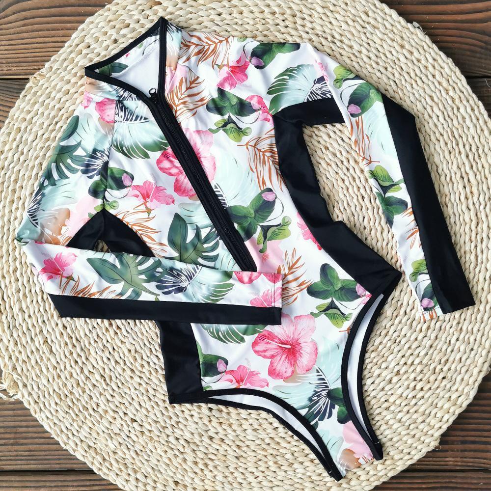 One Piece Wetsuit Swimsuit Women's Sexy Sport Long Sleeve Printed Surf Swimsuit Monokini