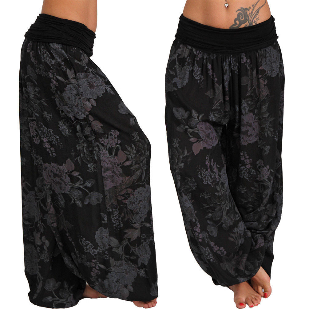 Digital print long wide leg slacks harem