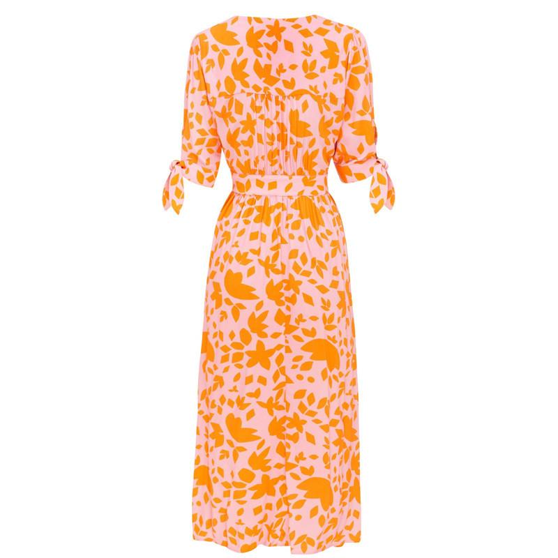 Summer New Fashion V-neck Five-point Sleeve with Single-breasted Printed Dress