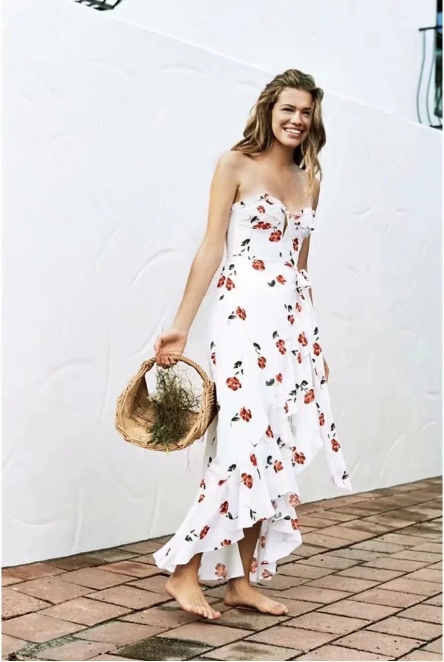 Vacation Style Hanging Neck Low-cut Dress Floral Long Dress