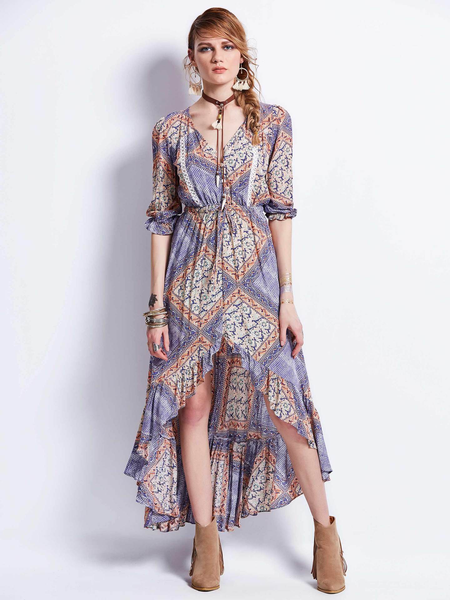 Bohemian Geometric Pattern Waist Irregular Long Dress