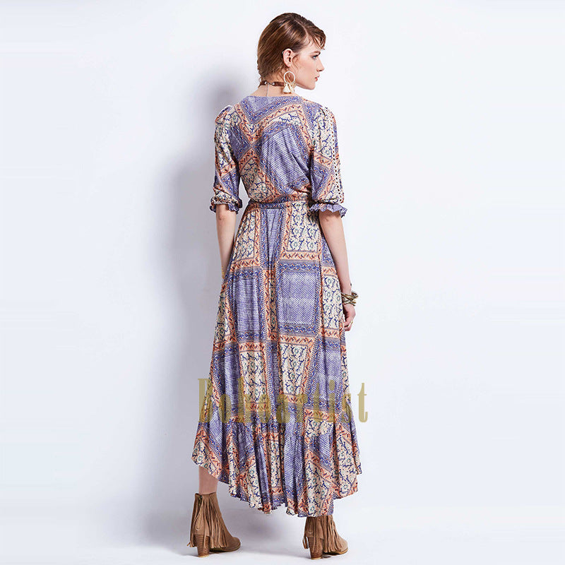 Bohemian Geometric Pattern Waist Irregular Long Dress