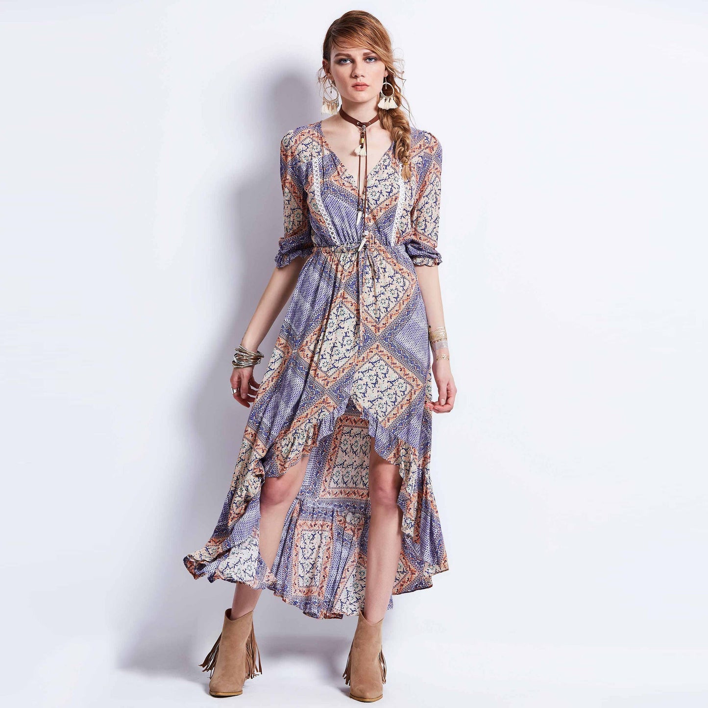 Bohemian Geometric Pattern Waist Irregular Long Dress