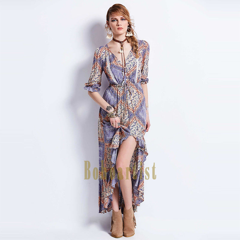 Bohemian Geometric Pattern Waist Irregular Long Dress