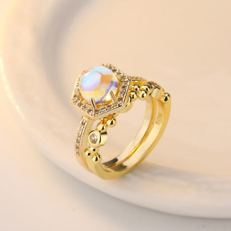 New plated 24k yellow gold inlaid moonstone ringimitation engagement ring