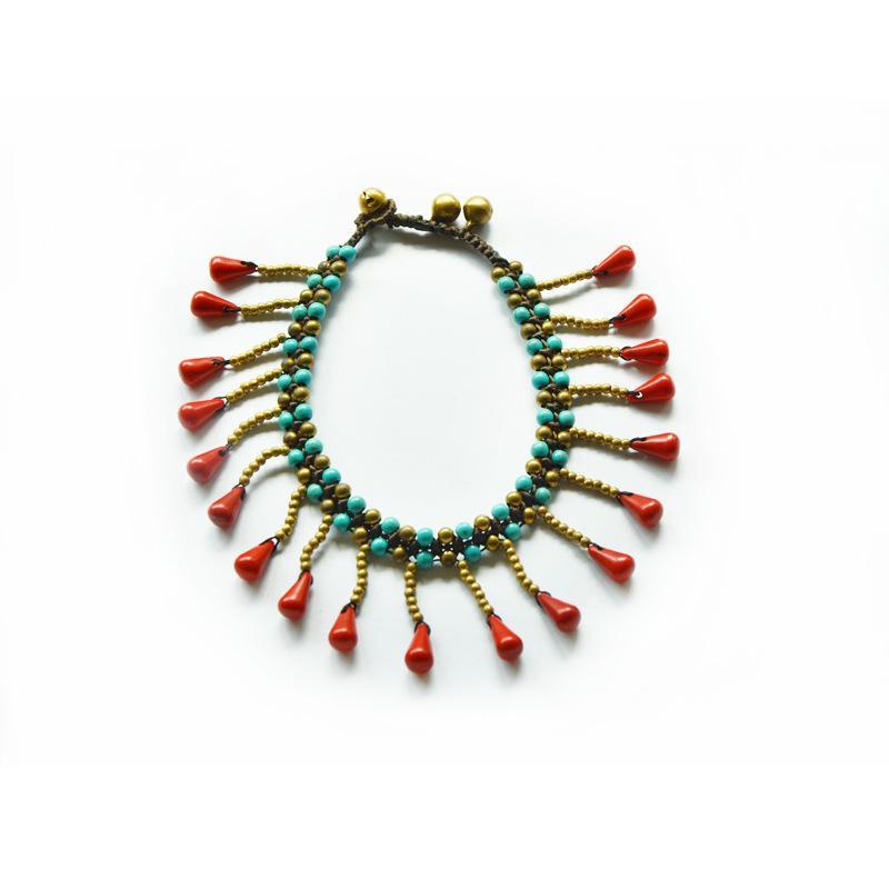 New Turquoise Water Drop Pendant Beach Anklet Thai Wax Line Handmade Woven Bohemian Footwear - emogogo