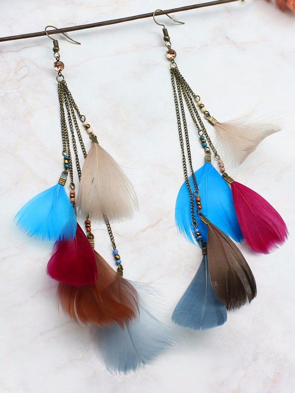 Natural Feather Tassel Retro Earrings