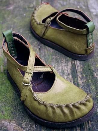 Vintage Artificial Leather Flats Slip On Cross buckle Solid Ladies