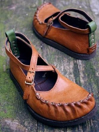 Vintage Artificial Leather Flats Slip On Cross buckle Solid Ladies