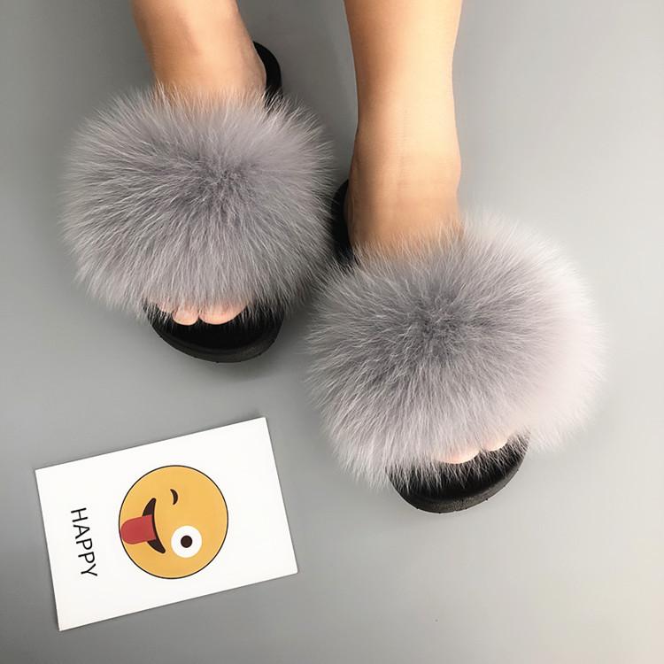 Women's Fur Flip Flops Flat Soft Fur Slippers outdoor fur slippers