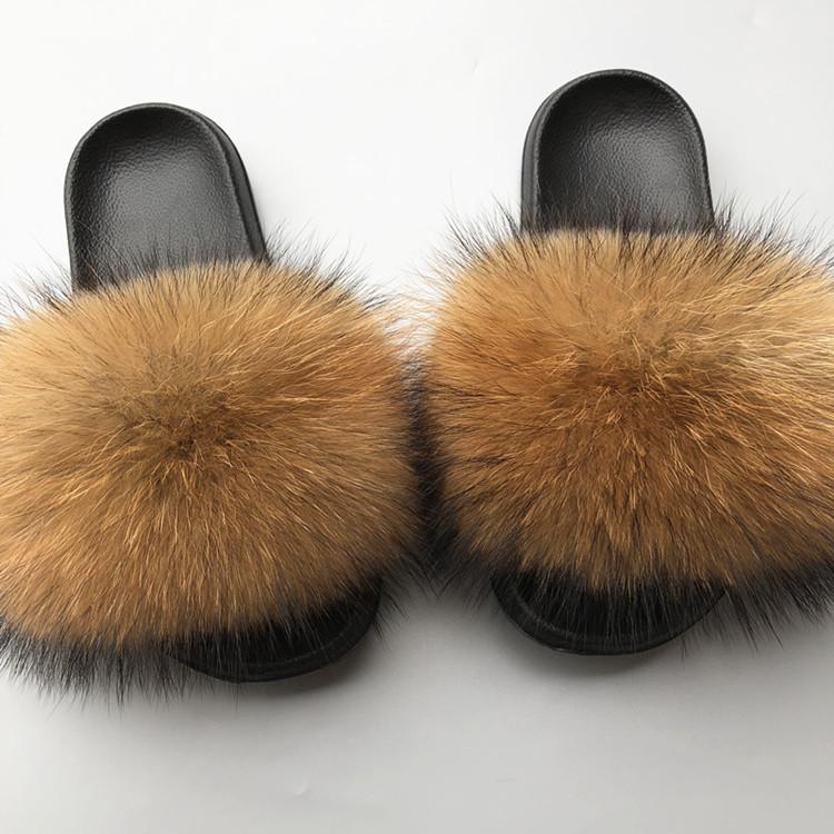 Women's Fur Flip Flops Flat Soft Fur Slippers outdoor fur slippers