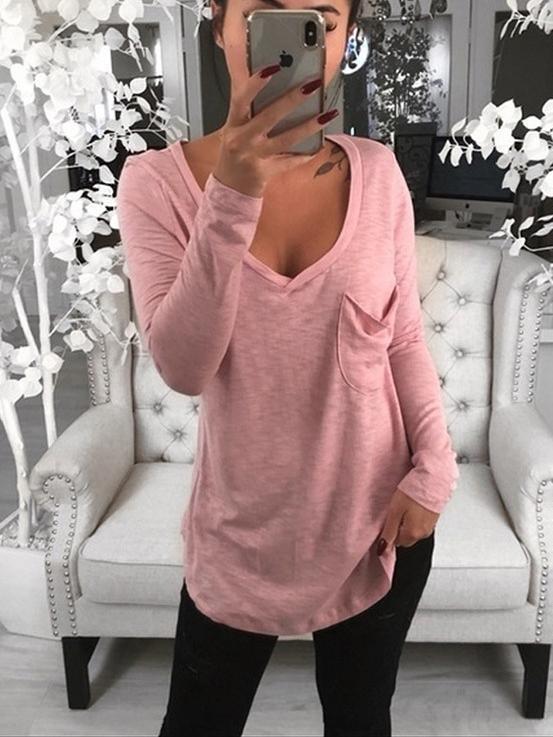 Sexy V-neck Loose Pocket Long Sleeved T Shirt