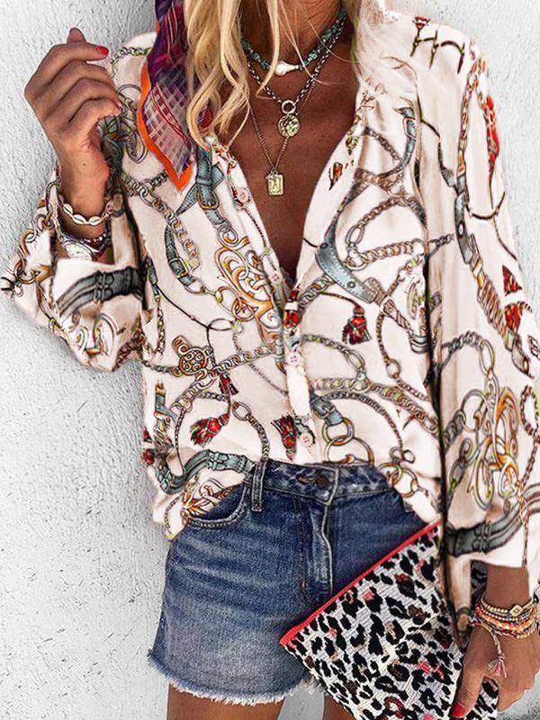 Printed Collar Long Sleeve Casual Shirt
