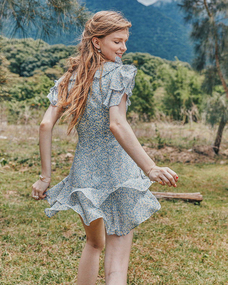 Summer Women's Pastoral Floral Lotus Leaf Collar Waist Slimming Dress