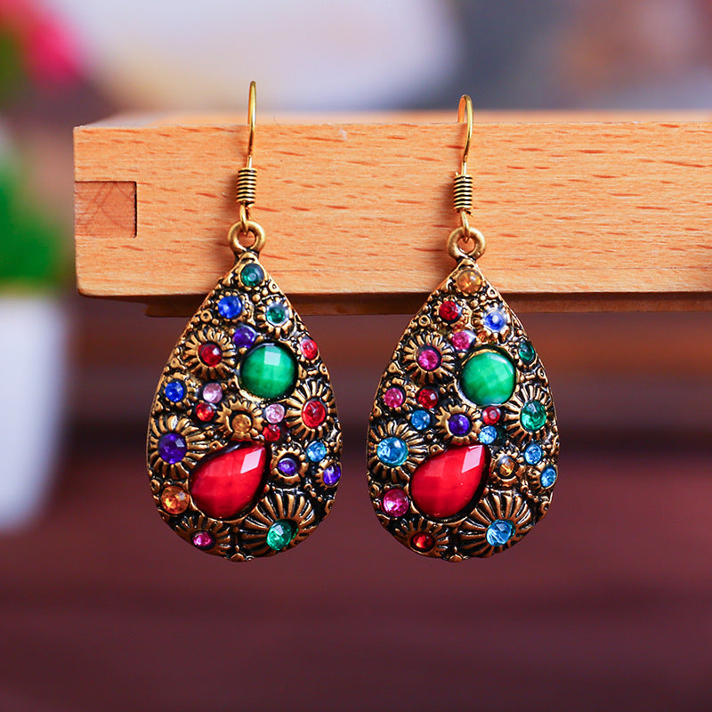 Creative Water Drop Gem Inlaid Ancient National Style Earrings