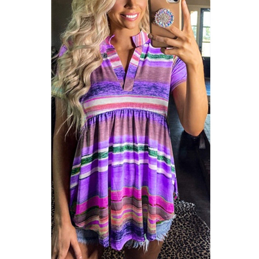 Summer Women's Rainbow Striped Gradient Short-sleeved T-shirt