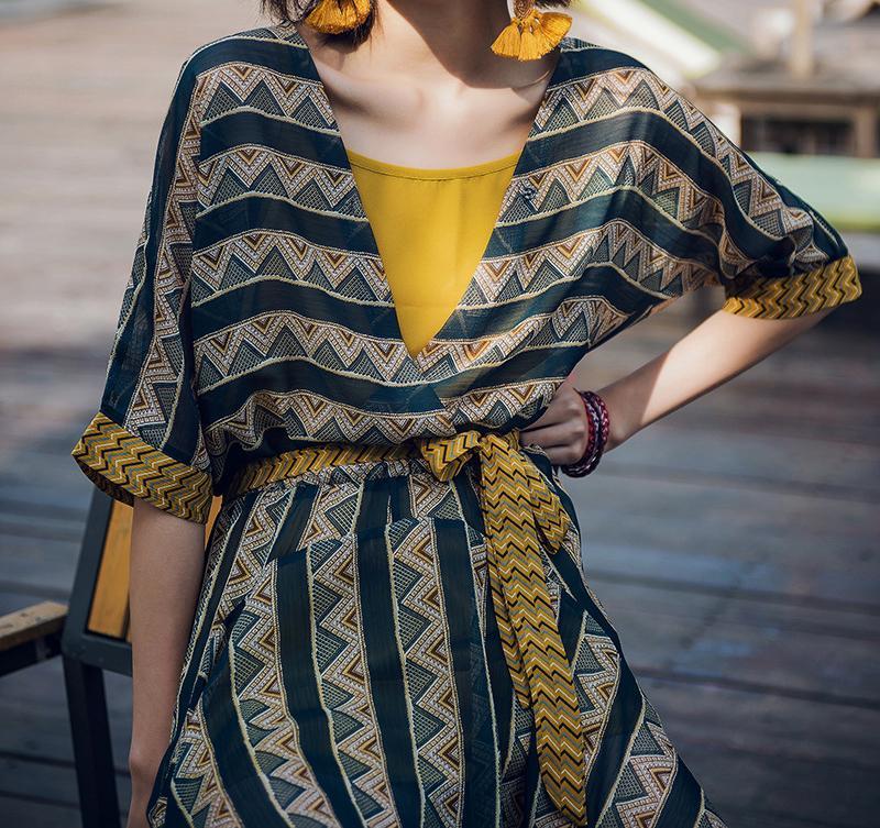 CONTRAST COLOR IRREGULAR SHAPE STRIPE BOHO TWO-PIECE LONG DRESS