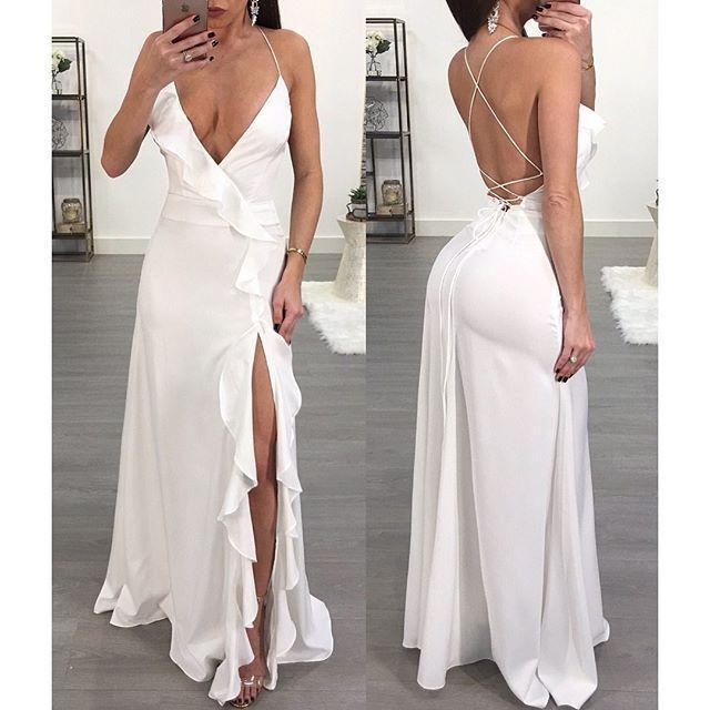 2018 New Sexy Spaghetti Strap Side Split Solid Color Maxi Dress