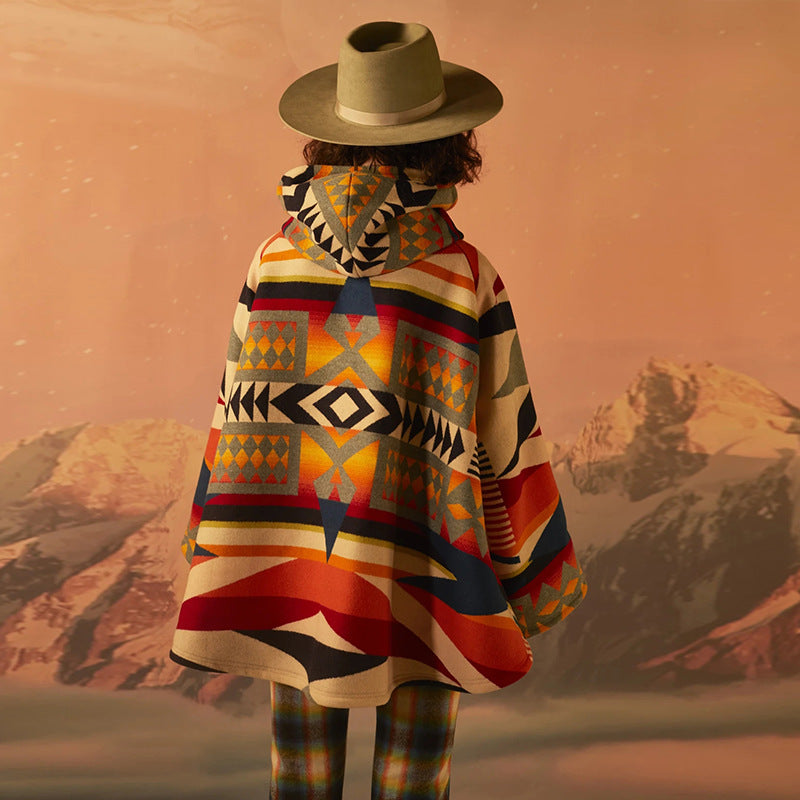 Long-sleeved hooded coat printed woolen coat