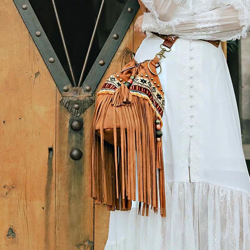 Bohemian Brown Beaded Embroidered Tassel Bucket Bag