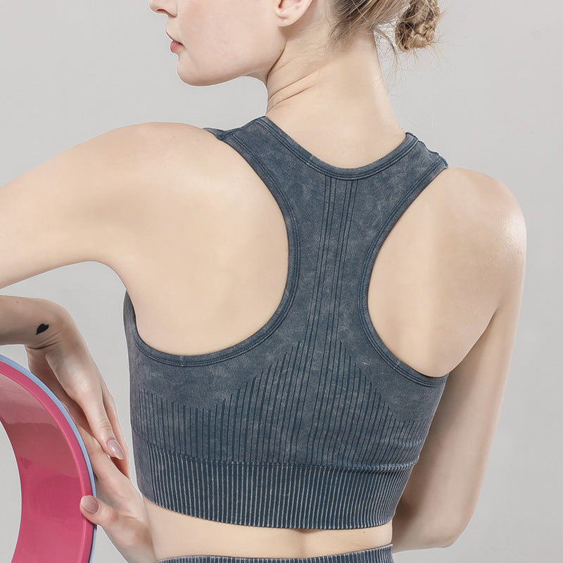 Solid Color Seamless Sports Bra High Elastic Jacquard Print Washed Sleeveless Open Navel Vest Tight Sports Yoga Top for Women