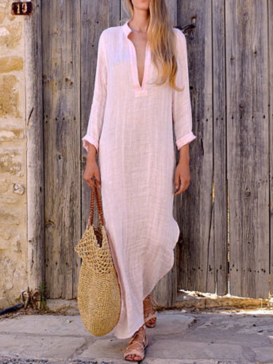 Solid Color V Neck Long Sleeve Casual Maxi Dress