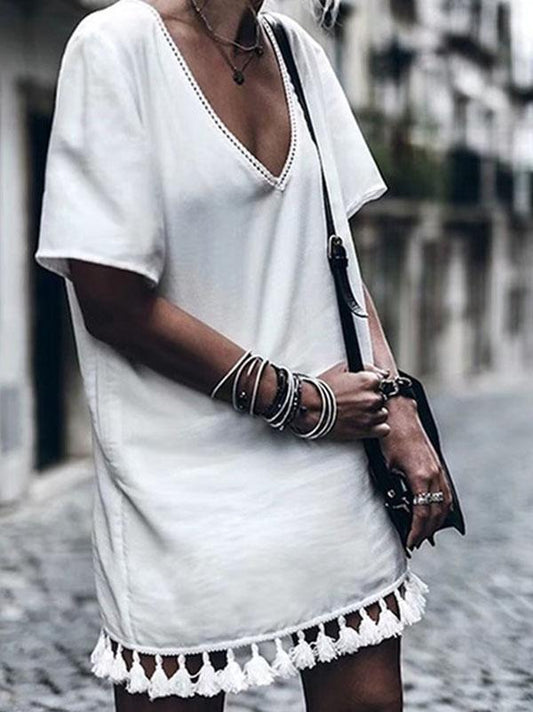 White V Neck Short Sleeve Tassel Mini Dress