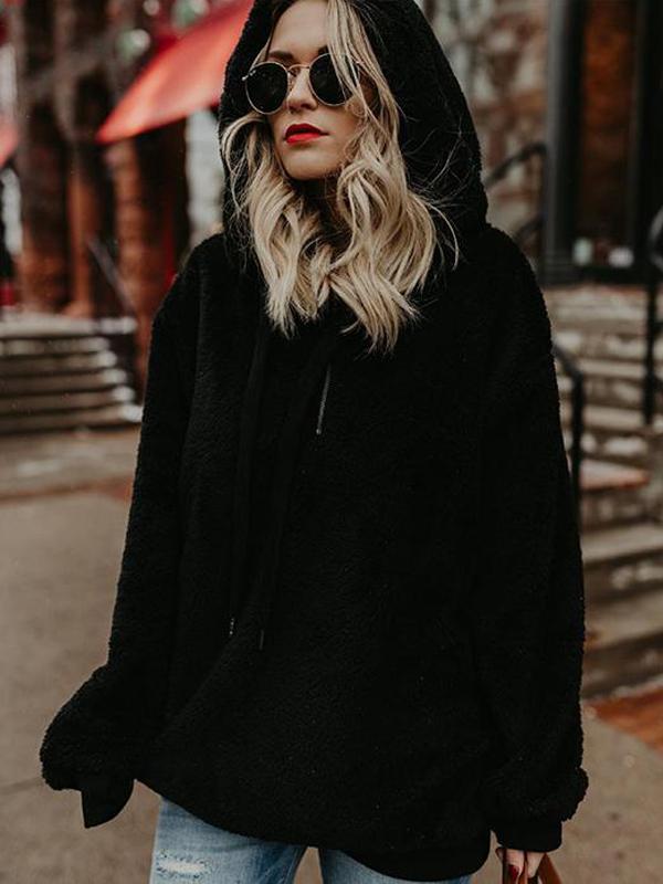 Winter Fleece Long-sleeved Solid Color Hoodie Tops