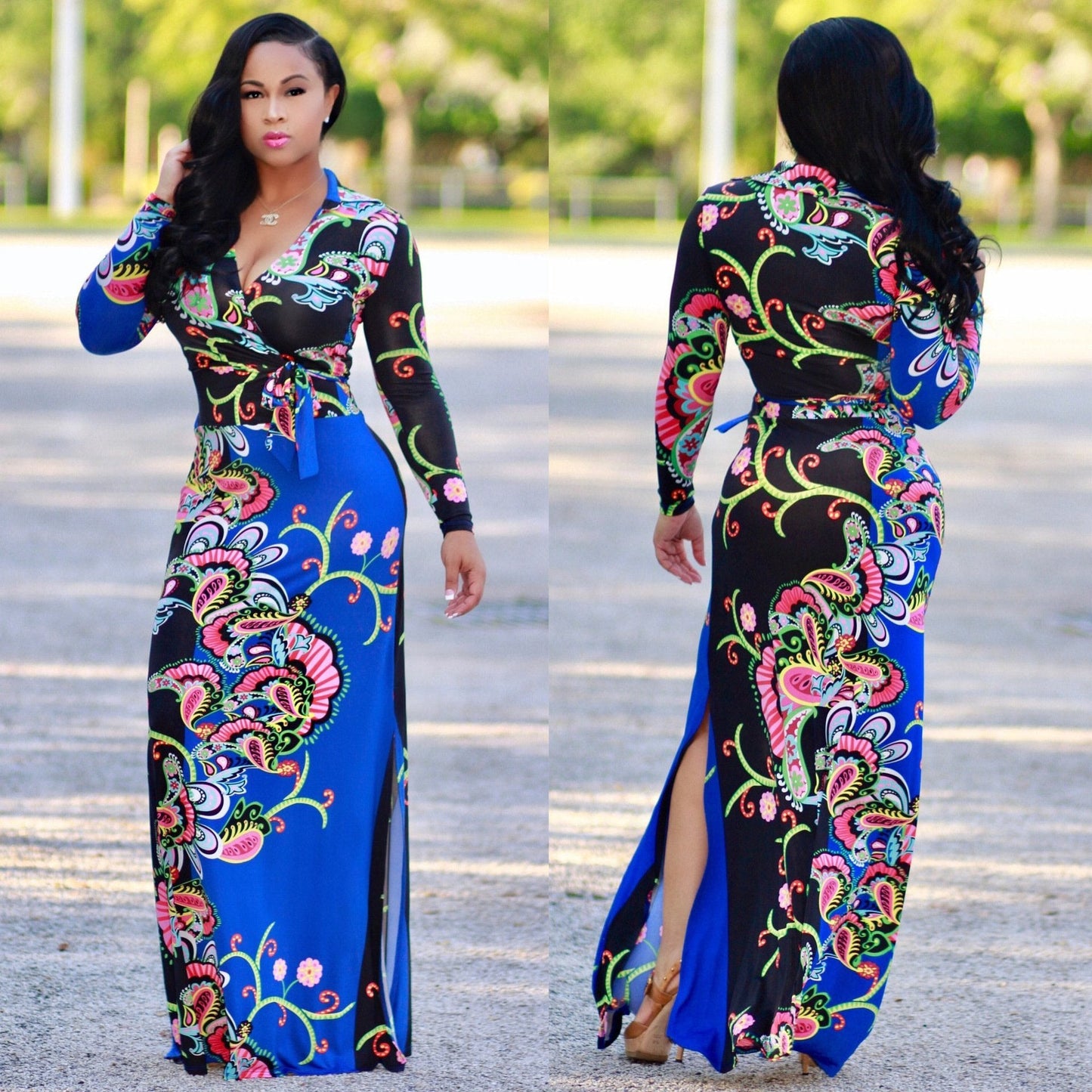 Elegant Floral Print V Neck Long Sleeve Side Split Belted Maxi Long Dress