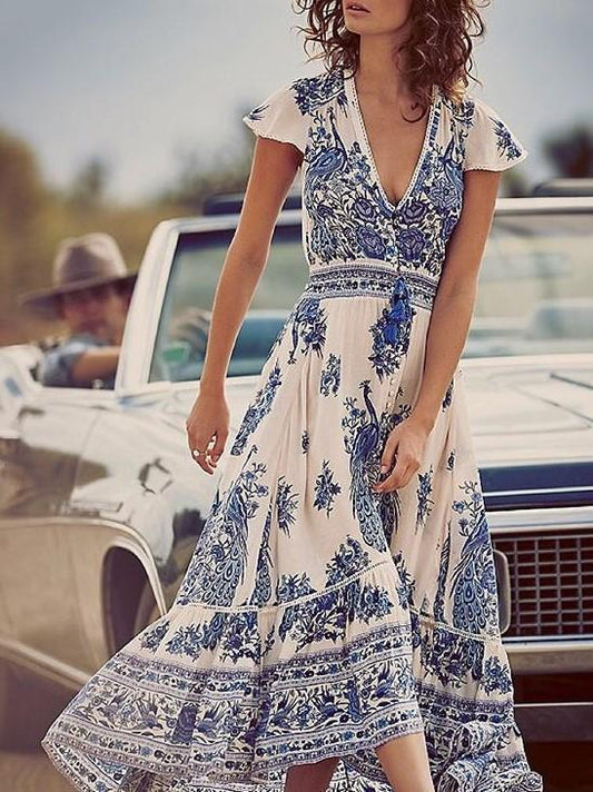 Printed V Neck Short Sleeve Vintage Beach Bohemia Maxi Dress
