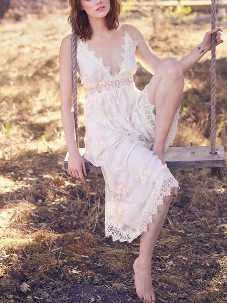 Silk Embroidered Deep V Sexy Sling Wide Leg Jumpsuit