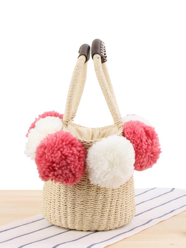 Casual Woven Big Wool Ball Beach Straw Handbag