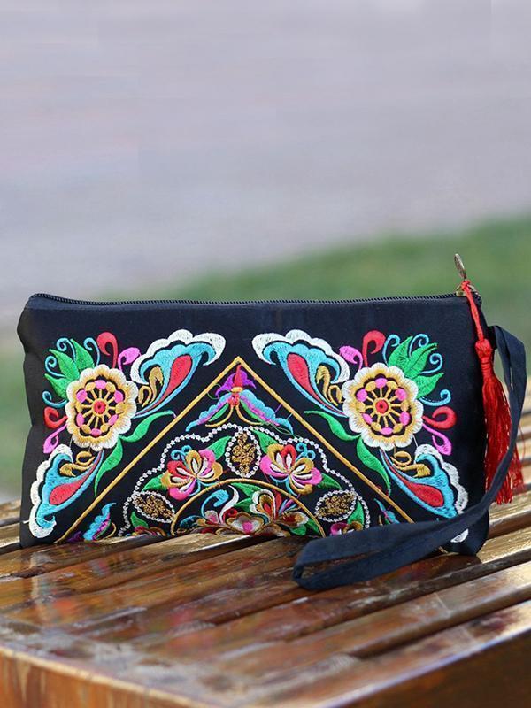 Ethnic Style Tassel Floral Double-Sided Embroidery Portable Bags