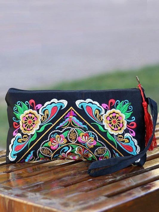 Ethnic Style Tassel Floral Double-Sided Embroidery Portable Bags
