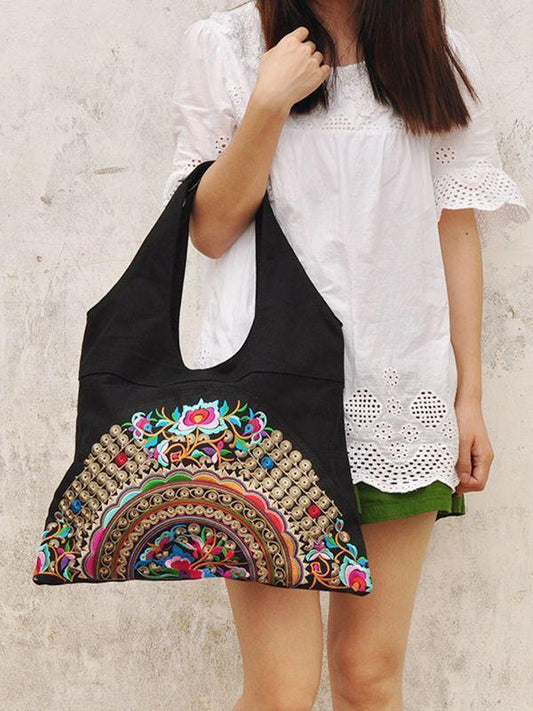 Ethnic Style Simple Embroidery Zipper Shoulder Bag