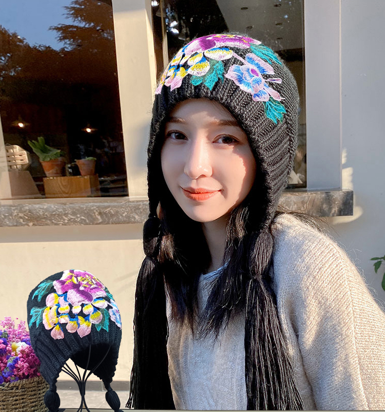 National embroidered women's fall and winter versatile thickened warm ear protection wool hat knitting sweet and lovely