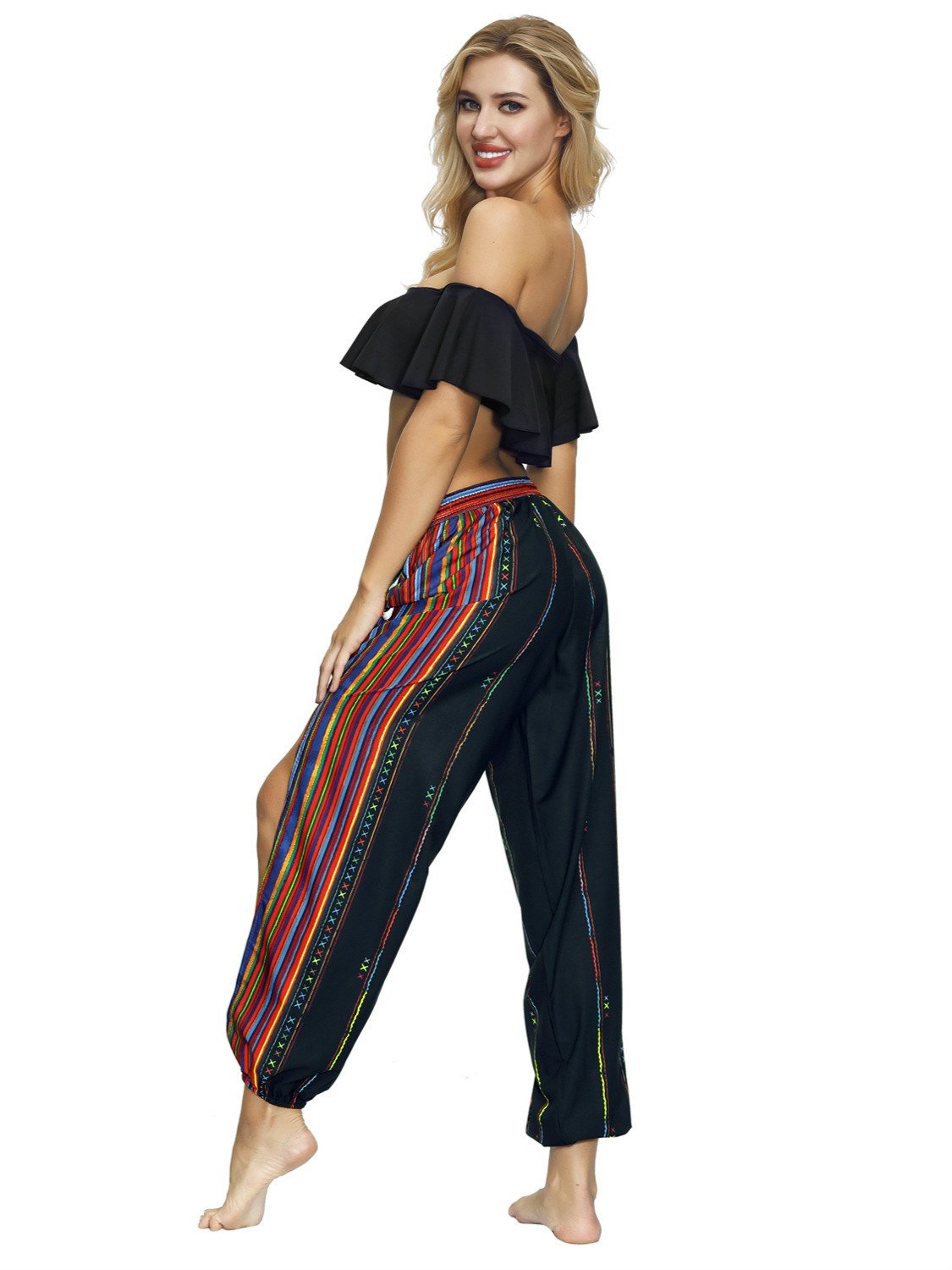 Floral Digital Printing Women's Drawstring Side Fork Casual Trousers Loose Waist Foot Light Cage Pants 23