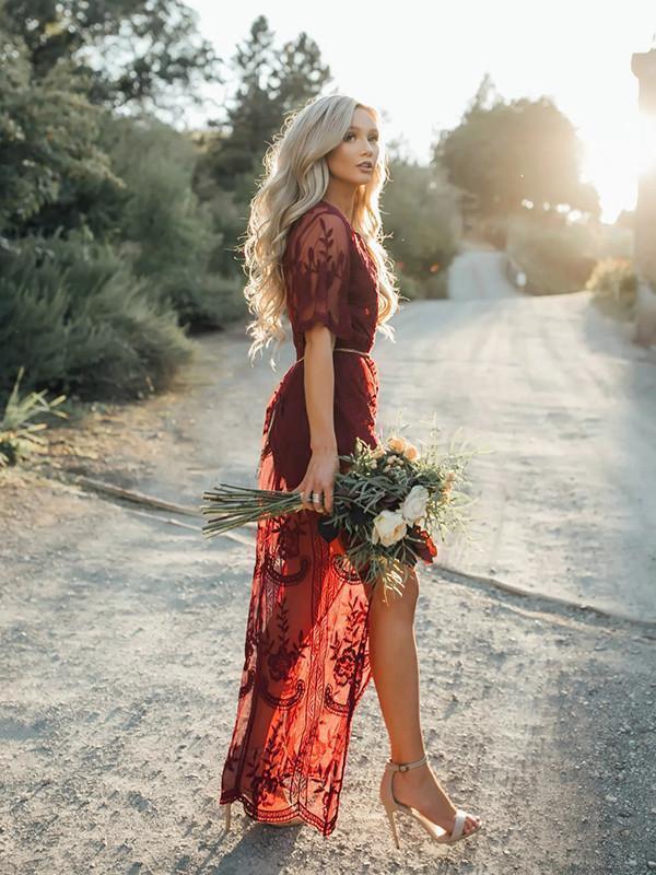 Pretty Sexy Lace Solid Color Short Sleeve Deep V Neck Side Split Maxi Dress