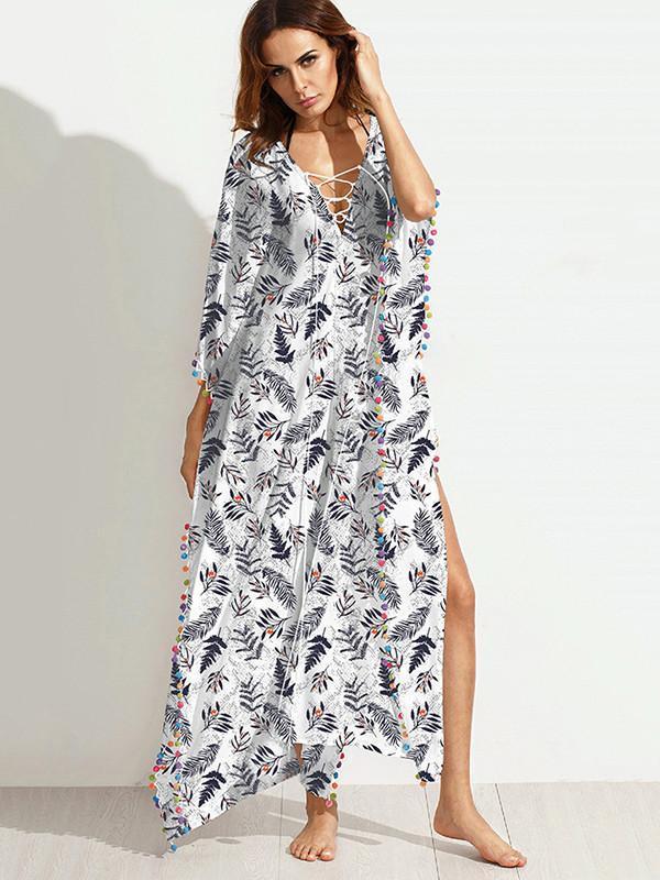 Fashion Tassel Floral-Printed Round Neck Short Sleeve Loose Kaftan Dress