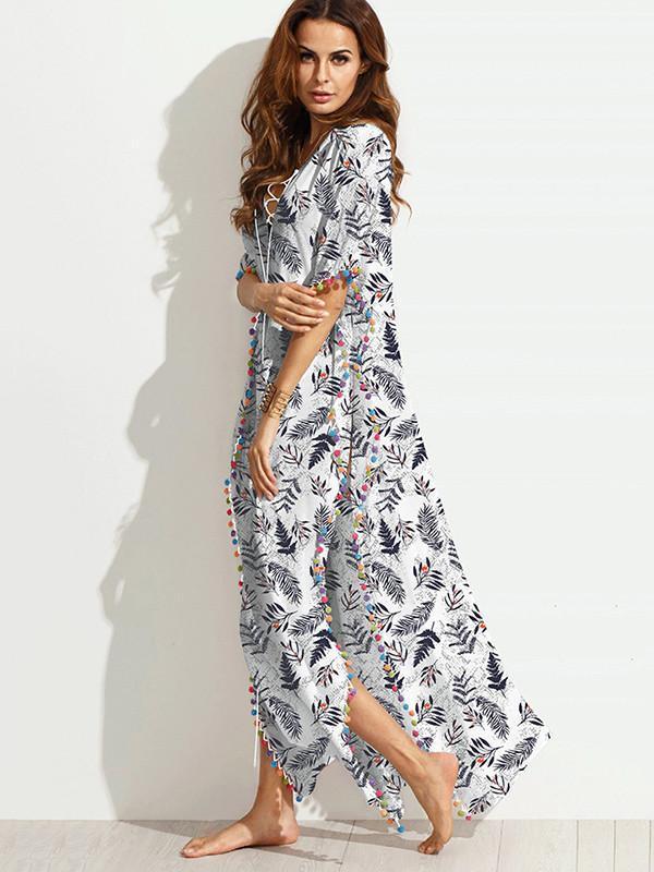 Fashion Tassel Floral-Printed Round Neck Short Sleeve Loose Kaftan Dress