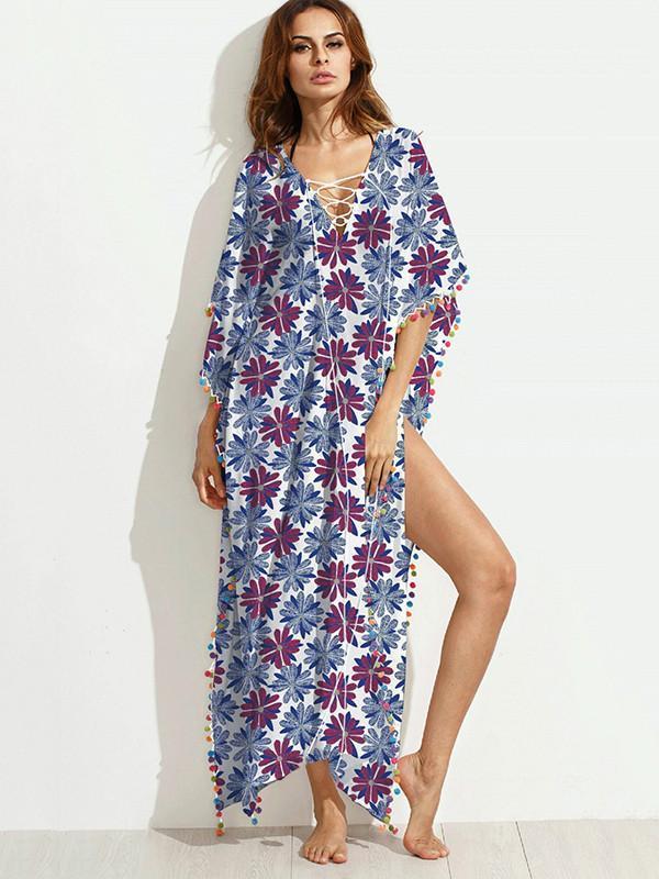 Fashion Tassel Floral-Printed Round Neck Short Sleeve Loose Kaftan Dress
